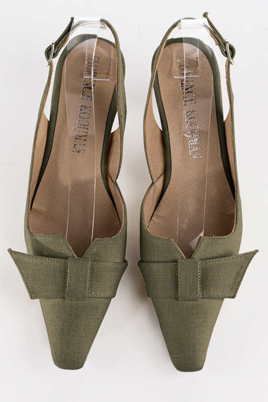 Khaki green women's open back shoes, with a knot. Tapered toe. Medium spool heels. Top view - Florence KOOIJMAN